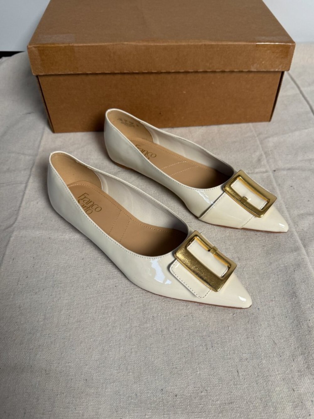 NEW Franco Sarto Women's Hayes Flats Cream Ivory Gold Buckle Pointed Toe 7.5M - Picture 2 of 7